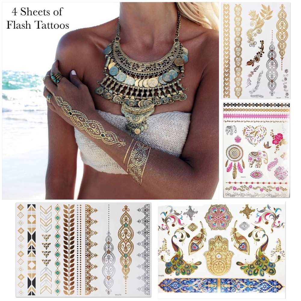 4 Sheets Boho Festival Temporary Metallic Flash Tattoos - Picture 1 of 16